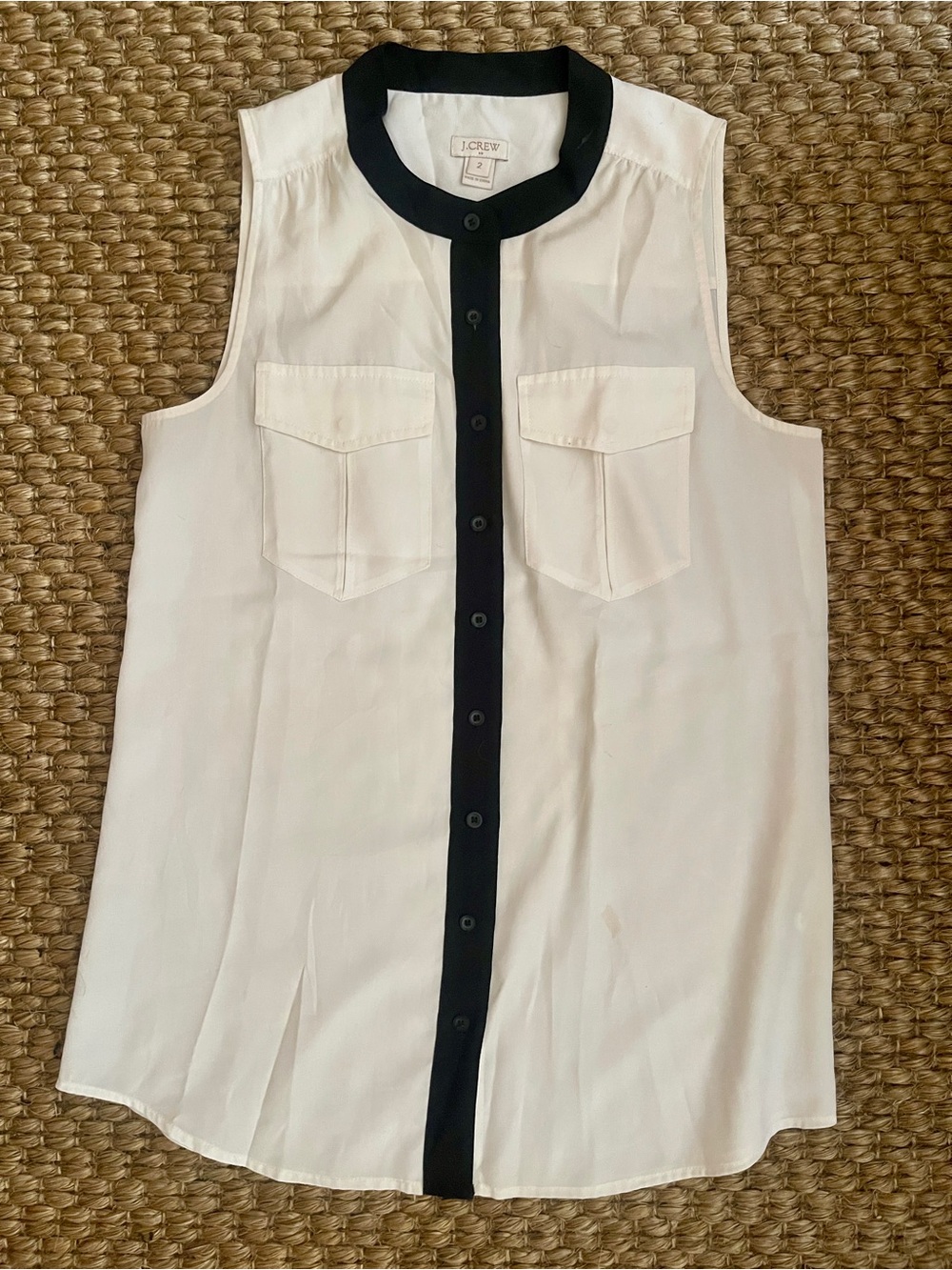 J. Crew Factory Ivory Sleeveless Button Front Top with Black Trim (2)